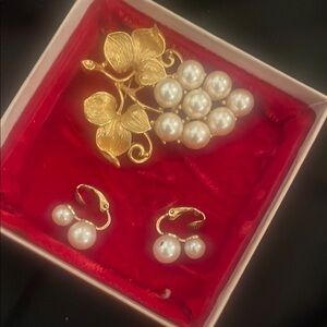 Elegant Gold and Pearl Jewelry Set brooch and earrings